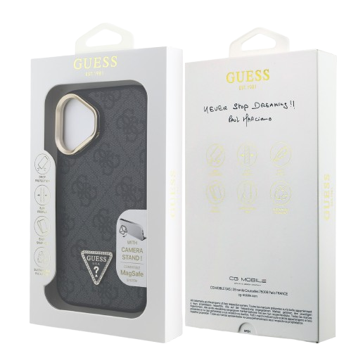 GUESS CARCASA MAGSAFE 4G TRIANGLE SOPORTE CAMARA IPHONE 16 NEGRO