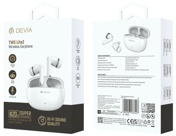 DEVIA AURICULAR BLUETOOTH TWS LITE2 BLANCO