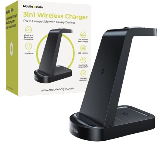 MOBILE ORIGIN CARGADOR INDUCCION 15W 3 EN 1 NEGRO