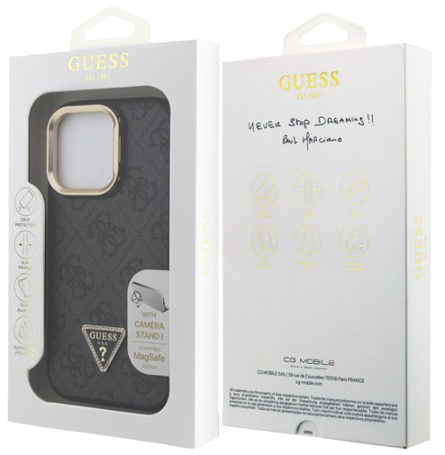GUESS CARCASA MAGSAFE TRIANGLE 4G SOPORTE CAMARA IPHONE 15 PRO NEGRO