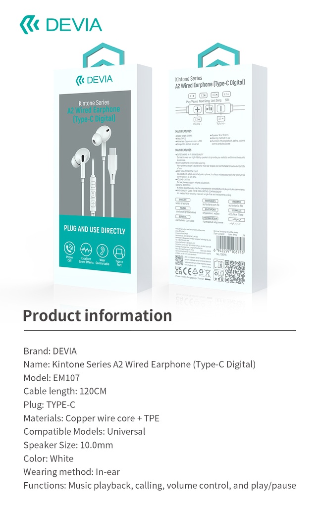 DEVIA AURICULAR KINTONE TIPO C BLANCO