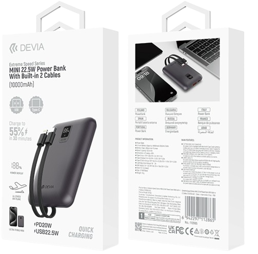 DEVIA BATERIA AUXILIAR MINI 10000mah 22,5W + 2 CABLES NEGRO
