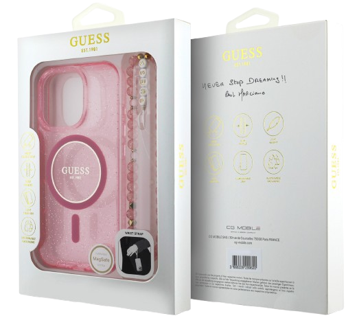 GUESS CARCASA MAGSAFE GLITTER PEARL STRAP IPHONE 16 PRO ROSA