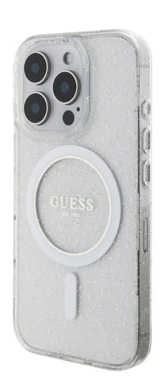 GUESS CARCASA MAGSAFE GLITTER PEARL STRAP IPHONE 16 PRO TRANSPARENTE