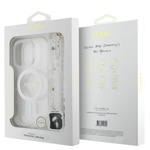GUESS CARCASA MAGSAFE GLITTER PEARL STRAP IPHONE 16 PRO TRANSPARENTE
