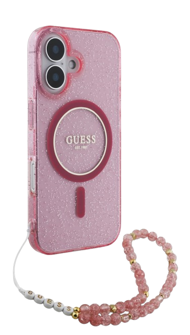 GUESS CARCASA MAGSAFE GLITTER PEARL STRAP IPHONE 16 ROSA