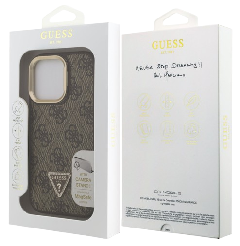 GUESS CARCASA MAGSAFE TRIANGLE 4G SOPORTE CAMARA IPHONE 15 PRO MARRON