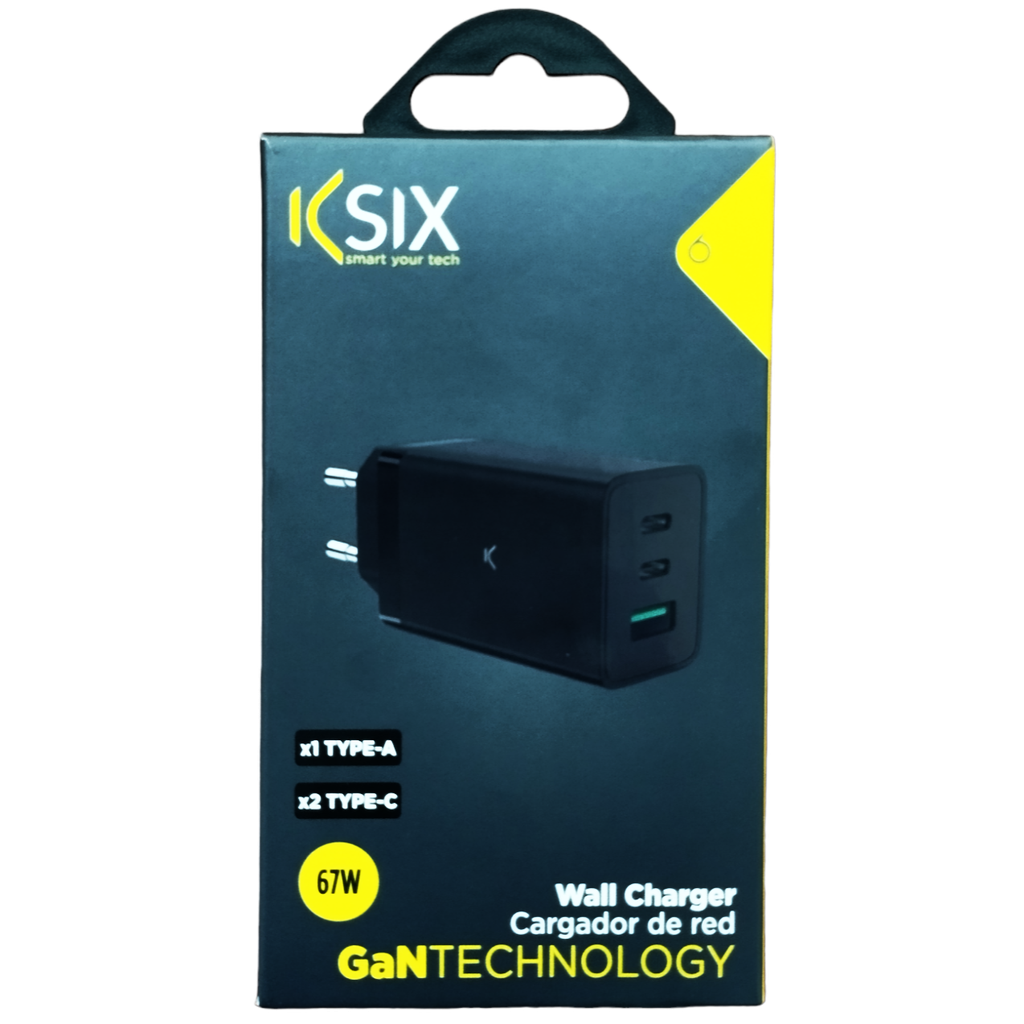 KSIX CARGADOR 67 W, Multipuerto 2 X Usb-C + 1 X USB NEGRO