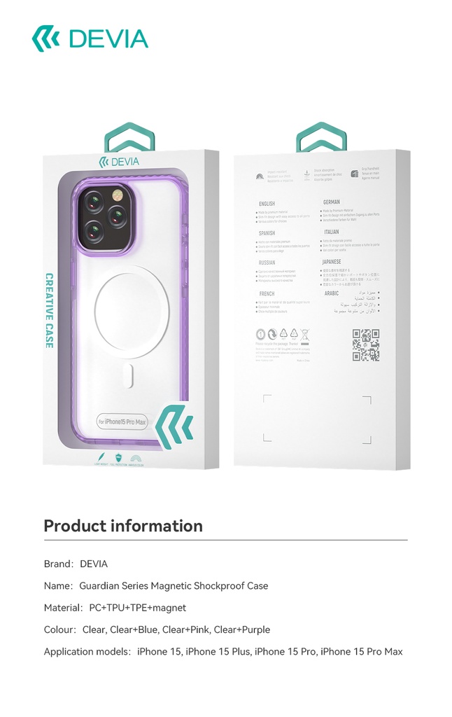 DEVIA Carcasa shockproof GUARDIAN MAGSAFE IPhone 15 PLUS LILA