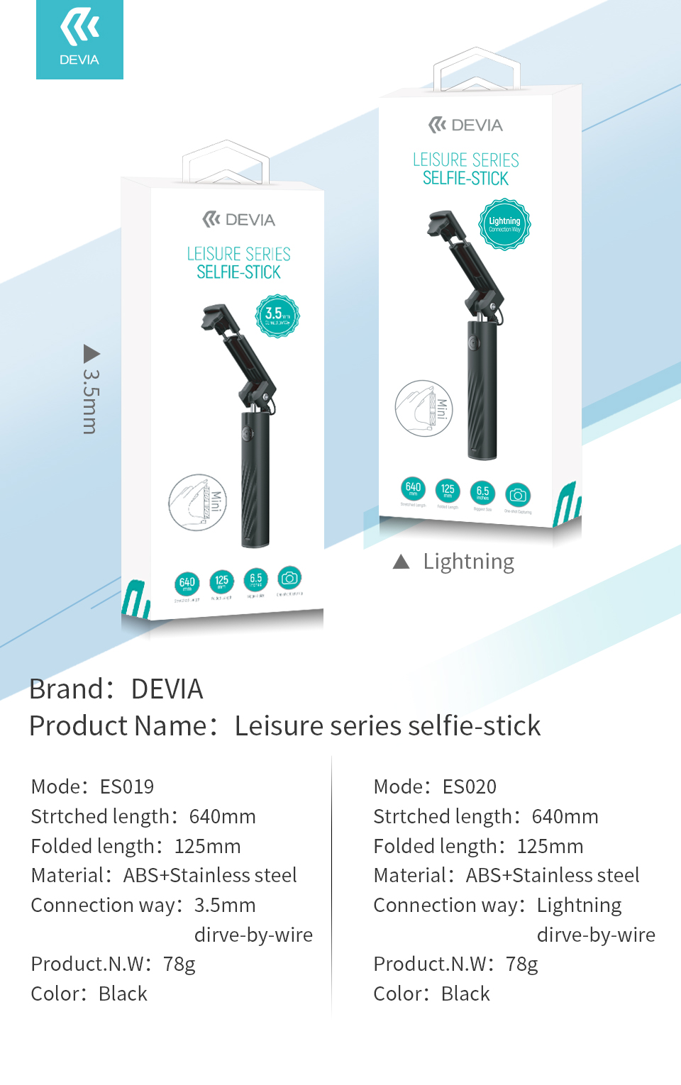 DEVIA palo selfie con cable Lightning 3.5mm