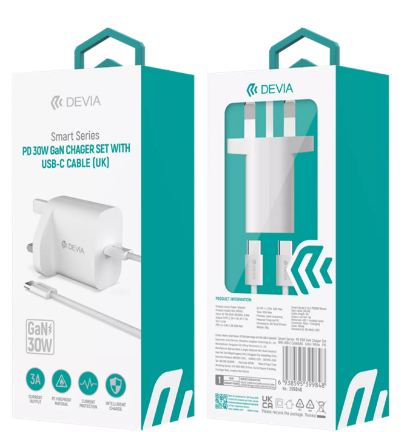 DEVIA CARGADOR PD 30WGAN CON CABLE C-C (UK)