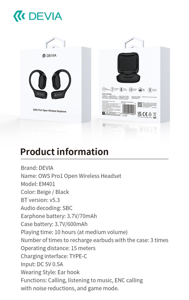 DEVIA AURICULAR BLUETOOTH OWS PRO1 NEGRO