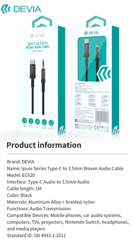 DEVIA CABLE IPURE JACK-USB-C 3.5mm WOVEN 1M NEGRO