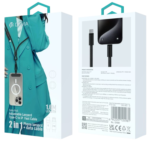 DEVIA CABLE PRO5 LANYARD C-C WOVEN 60W 1.6m NEGRO