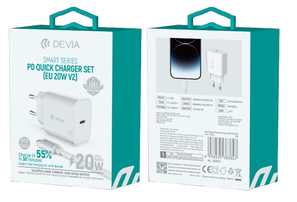DEVIA CARGADOR SMART PD 20W GAN CON CABLE C-LIGHTNING (UK)