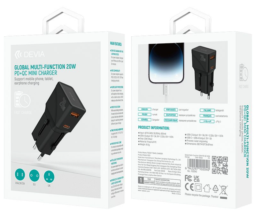 DEVIA CARGADOR MINI PD/QC 20W MULTIFUNCION (UK/EU/US/AU/CN)