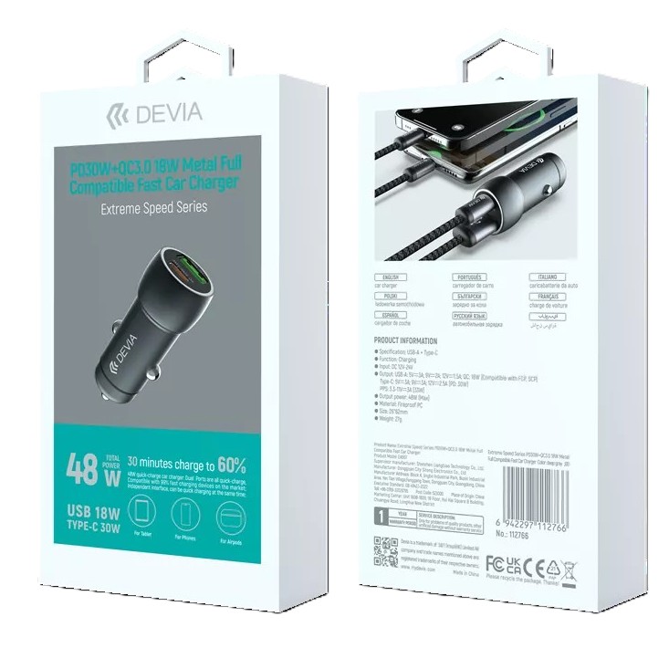 DEVIA CARGADOR COCHE EXTREME PD 30W/ QC 3.0 18W NEGRO