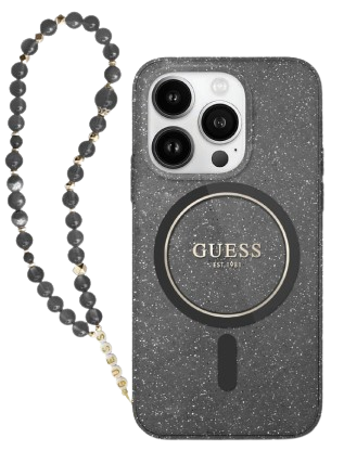 GUESS CARCASA MAGSAFE GLITTER PEARL STRAP IPHONE 16 PRO NEGRO