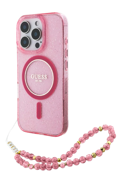 GUESS CARCASA MAGSAFE GLITTER PEARL STRAP IPHONE 16 PRO ROSA
