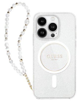GUESS CARCASA MAGSAFE GLITTER PEARL STRAP IPHONE 16 PRO TRANSPARENTE