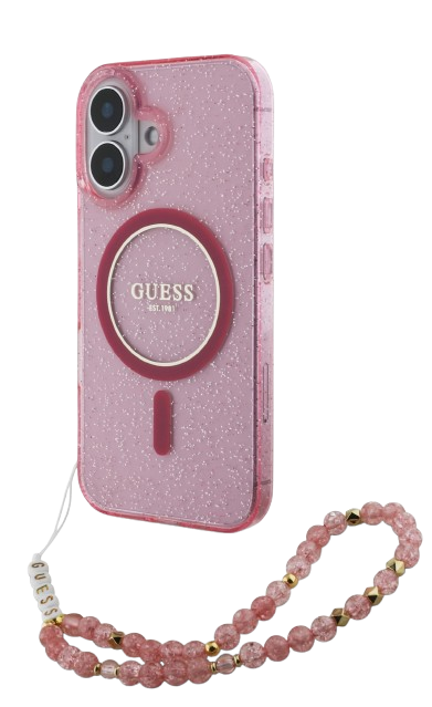 GUESS CARCASA MAGSAFE GLITTER PEARL STRAP IPHONE 16 ROSA
