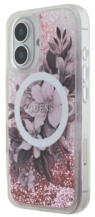 GUESS CARCASA MAGSAFE LIQUID GLITTER FLOWER IPHONE 16 ROSA