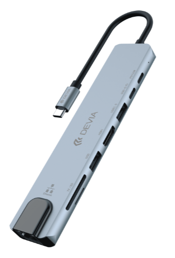[DSTL8IN1UPDSE] DEVIA HUB 8 EN 1 TIPO C HDMI/ USBx2/ PD 100W/ SD/ ETHERNET GRIS