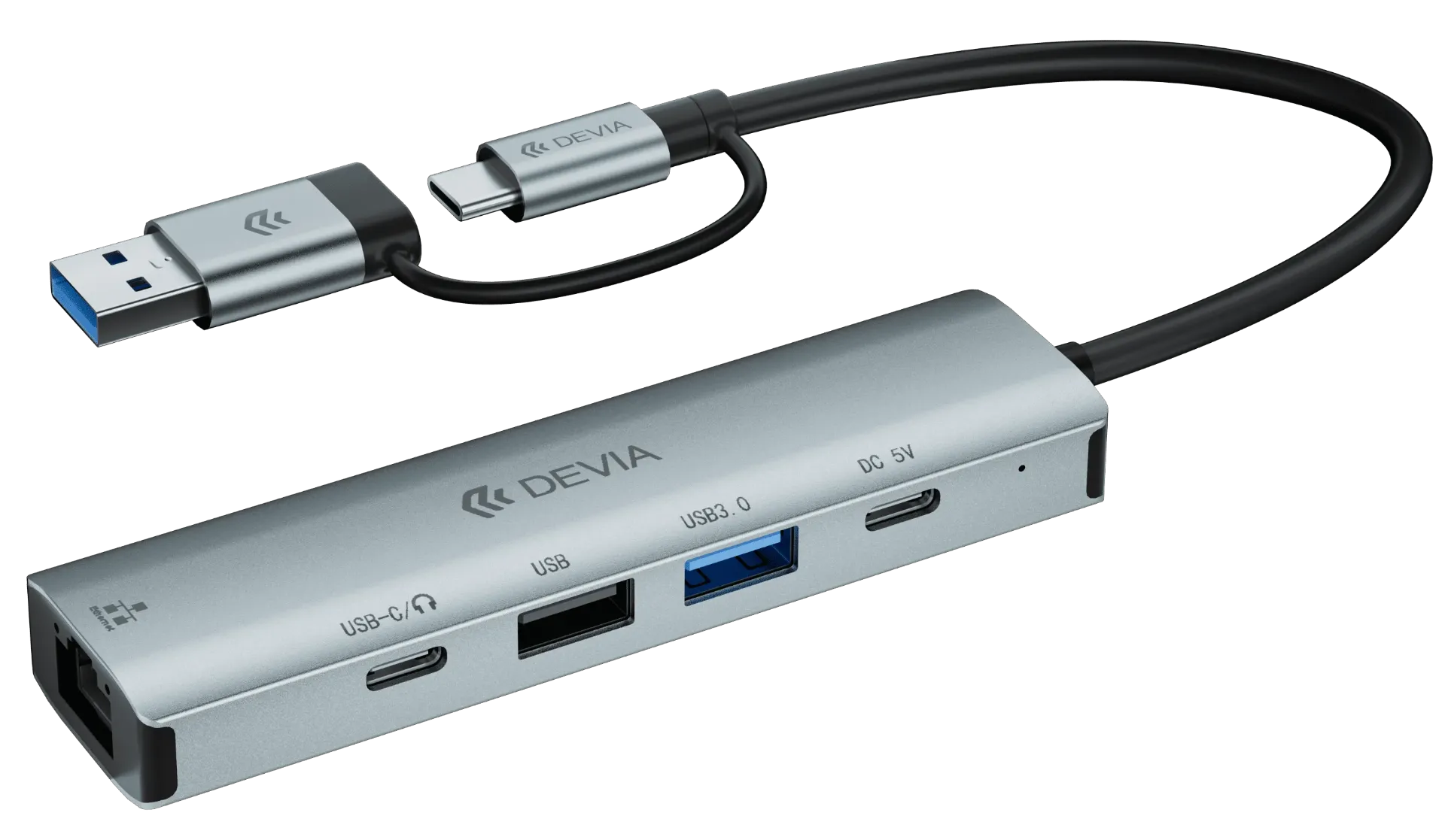 DEVIA HUB DUAL USB+TIPO C 5 EN 1 USBx2/RJ45/USB-Cx2