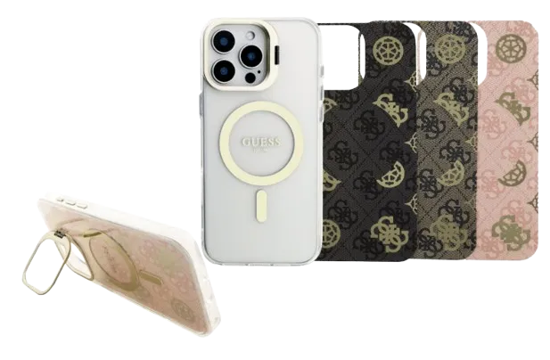 GUESS CARCASA MAGSAFE 4G SOPORTE CAMARA COLORES INTERCAMBIABLES IPHONE 16 PRO ROSA/NEGRO/MARRON