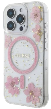 GUESS CARCASA MAGSAFE FLOWERS & GLITTER IPHONE 15 PRO MAX ROSA
