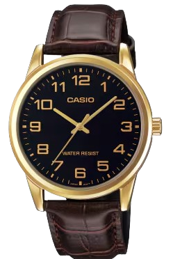 CASIO RELOJ MTP-V001GL-1B ESFERA NEGRA / DORADA / CORREA CUERO MARRON